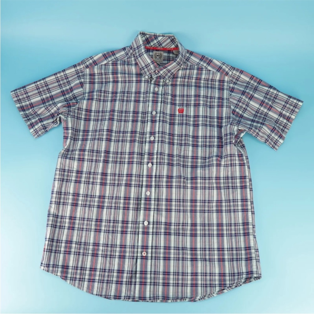 Cinch Western Wear Button Down Shirt Short Sleeve Red Blue Plaid Mens Size M